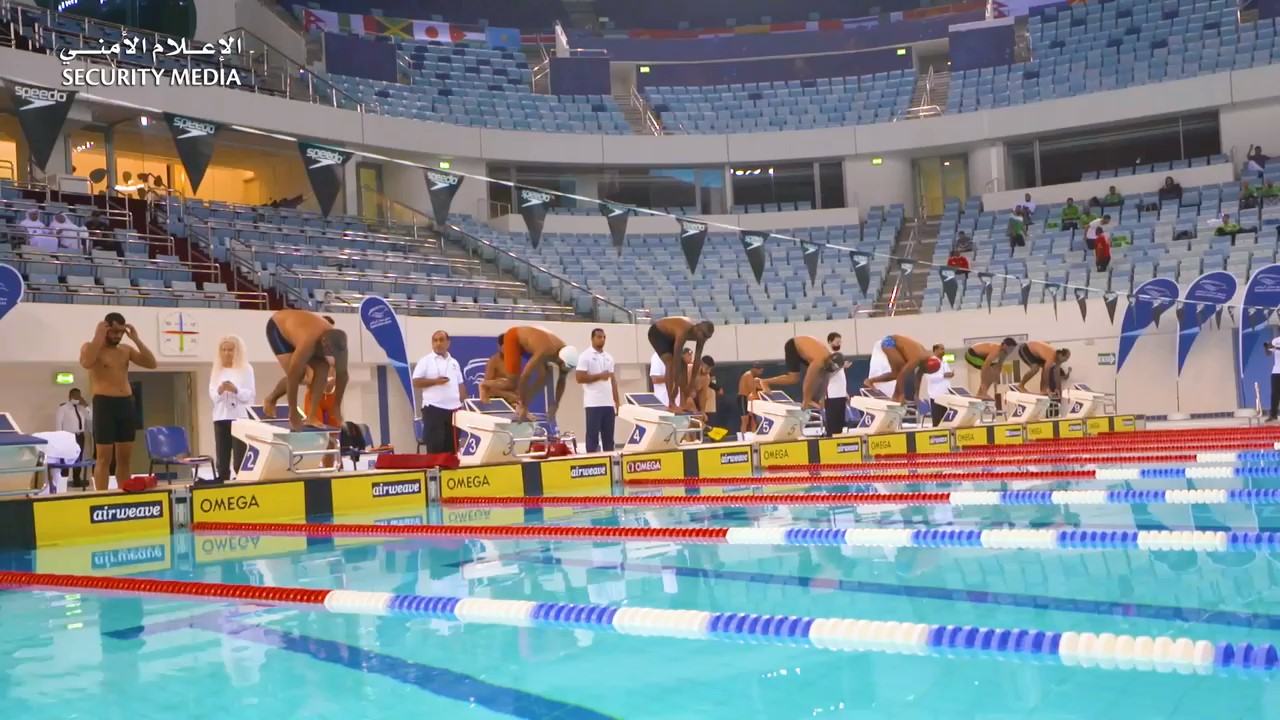 ‏Intense competitions in the police swimming and rescue championship organized by the Police Sports Association in the Hamdan Sports Complex, Dubai